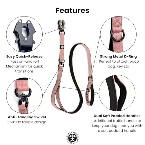 BULLYBREED | Heavy Duty Dog Leash, Tactical Dog Leash, Quick Release Frog Clip with Anti-Tangling Swivel System for Large Dogs that Pull with Soft Double Handles (5 FT Long, Pink) - color: Light Pink Double Handle