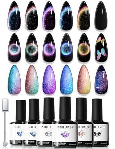 modelones Cat Eye Gel Nail Polish Set, 6 Colors Holographic Colorful Rainbow Glitter 9D Cateye Magnetic Gel Polish Black Purple Blue Green Yellow Coral Pink Nail Polish W Magnet Soak Off LED DIY Gift - color: A A A1b Holo Cat Eye