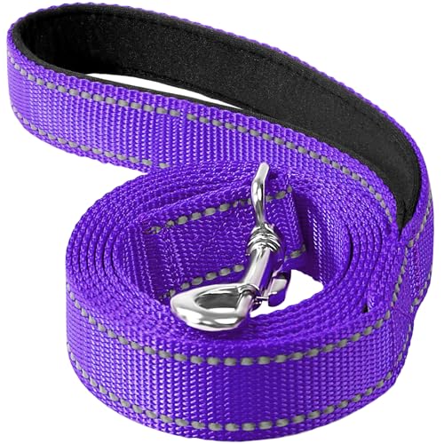 Reflective Dog Leash 6ft Soft Padded Handle Nylon Lead for Medium & Large Dogs, Durable Walking Training Leash for Night Safety (Purple,1Inch Wide) - color: Purple, size: 1"*6'