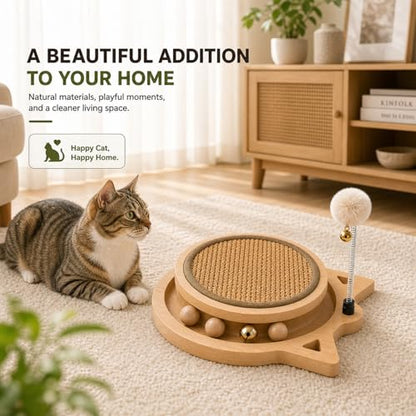 Cat Scratcher Board with Natural Sisal, Interactive Cat Track Toy with Spring Ball – Durable Kitten Scratching Pad for Indoor Cats, Kitty Wooden Cat Toy Stress Relief & Fun Exercise