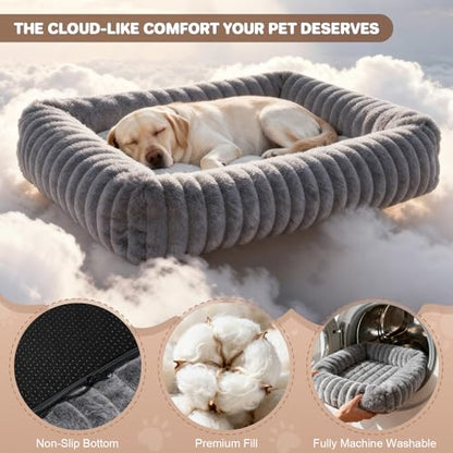 Dog Beds Large Sized Dog, Washable Self Warming Dog Cat Bed Rectangle Orthopedic Large Pet Sofa, Super Soft Plush Rabbit Fur Pet Couch Cute Cat Bed with Removable Zipper Cover & Anti-Slip Bottom - size: 36*28*8 inches