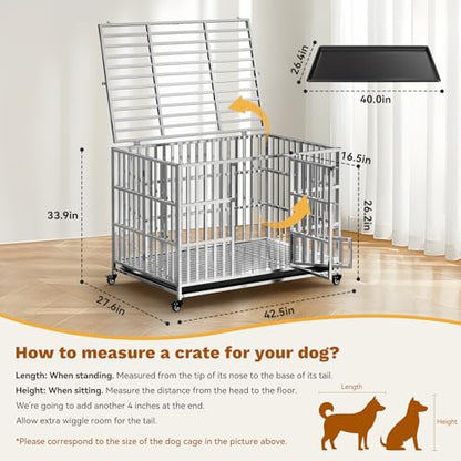 Holiwei 42" Heavy Duty Dog Crate, Escape Proof Stainless Steel Dog Kennel with Top Opening, 4 Lockable Wheels, Easy Clean Metal Dog Cage for Large/High Anxiety Dogs - size: 42.5"L x 27.6"W x 31.5"H