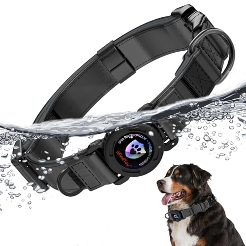 Airtag Dog Collar, Dog Collar with airtag Holder, IP68 Waterproof Leather Dog Collar with Metal Buckle & Lockable Airtag Holder, Heavy Duty Adjustable for Small Medium Large Dogs (Black L) - color: BLACK, size: L(17"-23")