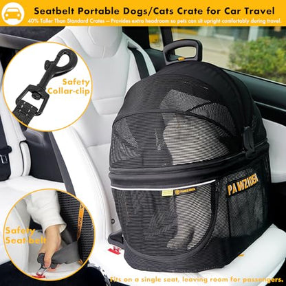PAWZIDEA Portable Small Dog Crate for Car Travel up to 33lb, Enclosed Dog Car Seat Soft-Sided, Escape-Proof Reversible No-Zip Canopy, Foldable Pet Carrier Seatbelt for Small Medium Puppy & Cats Kennel - color: Full View Mesh, Small/Medium