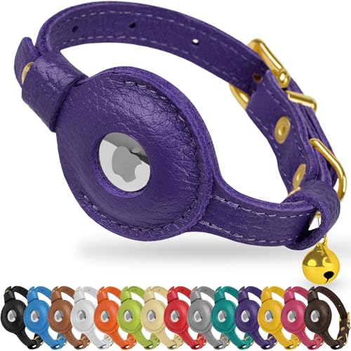 OOPSDOGGY Leather AirTag Cat Collar with Bell - Non Breakaway Kitten Collar with Apple Air Tag Holder - Lightweight GPS Pet Collars for Girl Boy Cats, Small Dogs, Puppies (Purple) - color: Purple