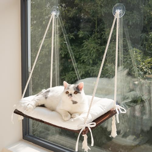 Cat Window Perch for Indoor Cats, Wooden Cat Bed for Window with Washable Cushion, Hanging Kitty Hammock Suitable for Small-to-Large Cats