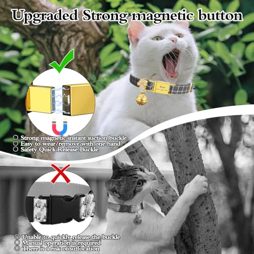 Personalized Breakaway Cat Collars - Magnetic Buckle, Bell - Safety Quick Release, Customized for Girls & Boys Cats- (Checkered-Grey) - color: Checkered-Grey