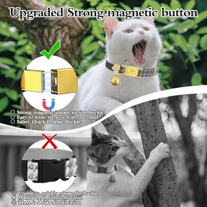 Personalized Breakaway Cat Collars - Magnetic Buckle, Bell - Safety Quick Release, Customized for Girls & Boys Cats- (Checkered-Grey) - color: Checkered-Grey