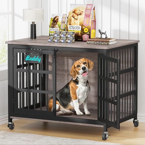 EasyCom 41"/33"/27" Dog Crate Furniture with Name Tag, Heavy Duty Dog Kennel Indoor for Medium Dogs, Double-Doors Sturdy Metal Dog Cage for Anxiety Dog, Decorate House as TV Stand, End Table - color: Grey, size: 40.8"L x 29.3"W x 30.2"H
