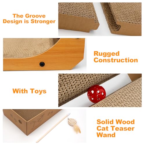 Goosheep L-Shaped Cat Scratcher 2-in1 Scratching Board for Indoor Cats Protecting Furniture Cardboard Box Scratch Pad with Ball Toy Cats Scratching Posts with Cat Teaser - color: 1pk 25.2in L-Shape Cat Scratcher with Box