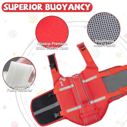 EMUST Dog Life Vests, Adjustable Dog Life Jacket with Rescue Handle, Dogs Flotation Vest for Small/Medium/Large Dogs, XS, NewRed - color: NewRed, size: XS