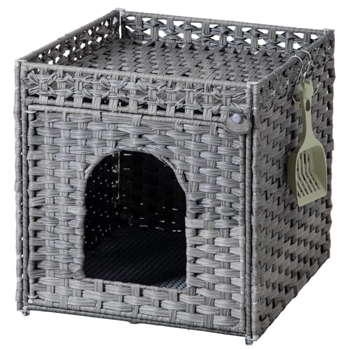 SETVSON Cat Litter Enclosure with Hidden Litter Mat and Rattan Cat House, Supports Two Litter Boxes, Ideal for Living Room or Bedroom (Gray) - color: Gray, size: Standard