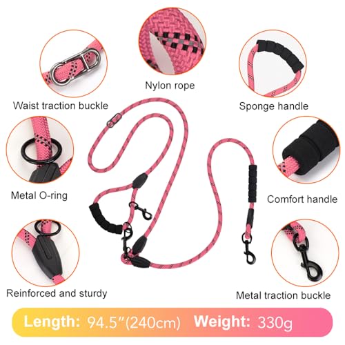 Cymiler Hands Free Dog Leash, 8 Ft Reflective Cross-Body Pet Rope Leashes with Sponge Handle, Heavy Duty Nylon, for Running, Hiking, Training, Waist Leash for Small Medium Large Dogs (Pink) - color: Pink