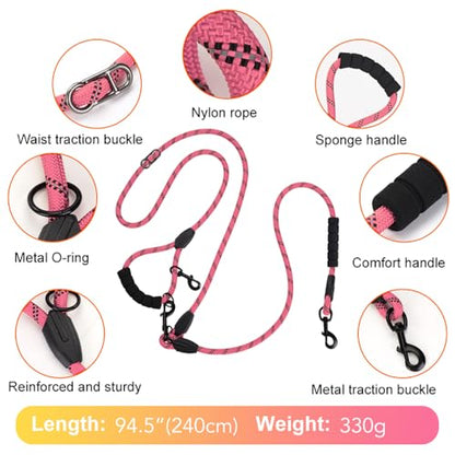 Cymiler Hands Free Dog Leash, 8 Ft Reflective Cross-Body Pet Rope Leashes with Sponge Handle, Heavy Duty Nylon, for Running, Hiking, Training, Waist Leash for Small Medium Large Dogs (Pink) - color: Pink