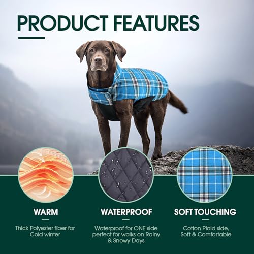 Kuoser Warm Dog Coat, Waterproof Dog Jacket for Extra Large Dogs, Adjustable Durable XL Doggie Winter Coat Reversible Cozy Puppy Cold Weather Apparel from Small to Large Breed, Blue XL - color: Blue, size: X-Large (Pack of 1)