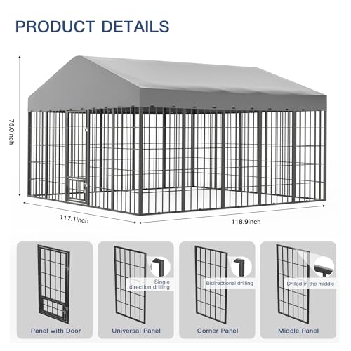 Kullavik 10x10x6 FT Large Outdoor Dog Kennel,Anti-Rust Galvanized Steel Dog Pen with Feeding Door & Double Locks,Heavy Duty Dog Enclosure Fence with UV-Resistant Waterproof Cover for Outside - size: 117"L x 119"W x 75"H