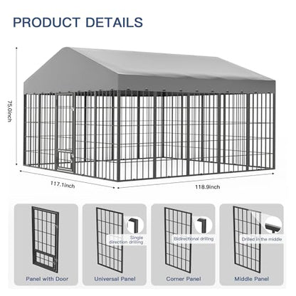 Kullavik 10x10x6 FT Large Outdoor Dog Kennel,Anti-Rust Galvanized Steel Dog Pen with Feeding Door & Double Locks,Heavy Duty Dog Enclosure Fence with UV-Resistant Waterproof Cover for Outside - size: 117"L x 119"W x 75"H