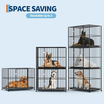 48 Inch Dog Crate for Large Sized Dogs, Heavy Duty Stainless Steel Indoor Kennel Escape Proof with Wheels and Removable Tray, Extra Large XL XXL Indestructible Dog Cage Stackable for High Anxiety Dogs - size: 48 inch