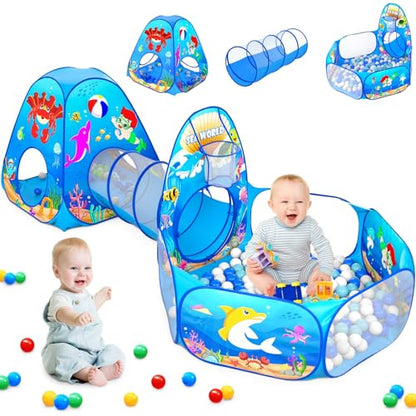SISTICKER 3pc Kids Play Tent: with Baby Ball Pit and Crawl Tunnel - Toddler Pop Up Climbing Toys - Indoor Outdoor Playhouse - Gift for Year Old Boys Girls (Balls NOT Included) - style: Ocean