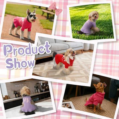 Bowknot Dog Sweater Dress for Small Dogs Girl, Stretchy Pet Sweaters Pullover Coats, Fall Winter Warm Dog Turtleneck Sweater (Purple, M) - color: Purple, size: Medium (9-15lbs)