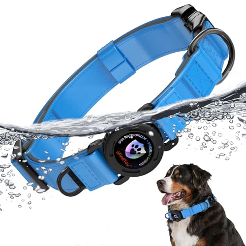 Airtag Dog Collar, Dog Collar with airtag Holder, IP68 Waterproof Leather Dog Collar with Metal Buckle & Lockable Airtag Holder, Heavy Duty Adjustable for Small Medium Large Dogs (Blue L) - color: BLUE, size: L(17"-23")