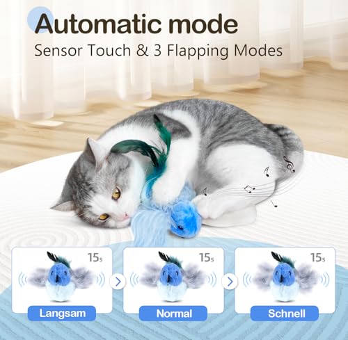 Migipaws Interactive Flapping Bird Cat Toys with Rod, clamp, Elastic String and Catnip, Automatic Chirping Toys for Indoor Cats to Chase, Hanging Feathers for Kitten to Self Play,Rechargeable(Blue) - color: Blue