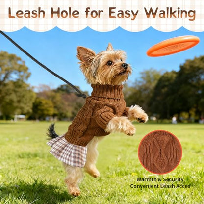 Hpetppy Dog Sweater Dresses for Small Dogs Girl with Bow & Plaid Skirt Soft Tureleneck Dog Sweater with Leash Hole Pet Clothes in Winter Thick Warm Pullover Pet Coats (Brown S) - color: Brown, size: Small (5-9lbs)