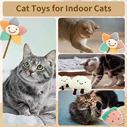 Kitten Chew Toys for Teething with Catnip – 3Pcs Bite Resistant Plush Cat Toys (Strawberry, Cloud Bell, Sunflower Stick) - style: Kitten Chew Toys