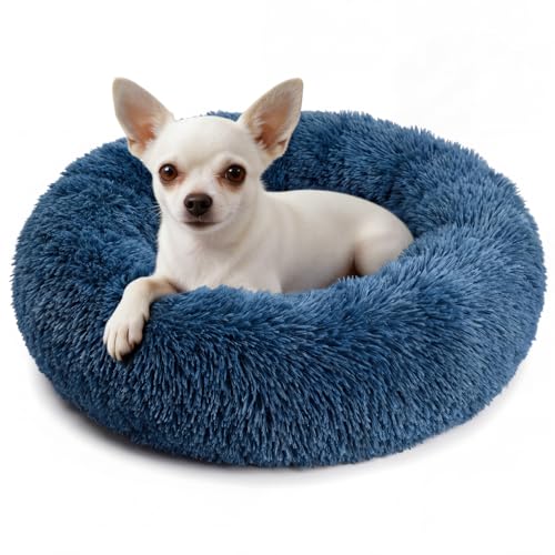 Calming Donut Dogs Beds for Small Dogs Washable,19inch Fluffy Round Puppy Bed for Puppies,Cats & Toy Breeds with Raised Rim,Fits up to 15 lbs Pets,Navy Blue - color: Navy Blue, size: 19 inches