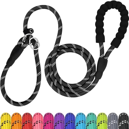 6ft Slip Dog Lead, No Pull Reflective Training Leash with Padded Handle, Professional Rope P-Leash for Small Medium Large Dogs, Heavy Duty Correction Lead for Walking & Training (Black) - color: Black, size: M-3/8"x6'(50-110lbs)
