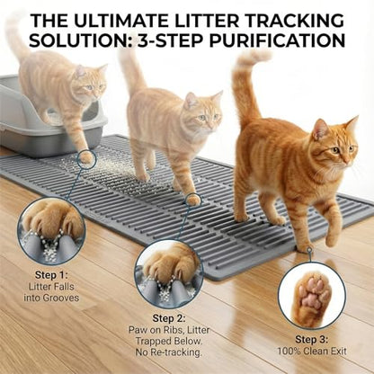 Large Cat Litter Mat: Silicone Litter Trapping Mat for Litter Box - Easy to Clean Waterproof & Anti-Slip Soft Rubber Mat - Durable Design Traps Pellet & Clay Litter - color: Grey, size: Large 32x21 Inch