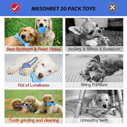 MRSOHRET Upgraded 21Pcs Puppy Chew Toys - Blue Puppy Chew Toys Bundle for Teething, Puppies Teething Toys with Durable Rope Rubber Ball, Pet Interactive Toys for Small Medium Dogs with Basket