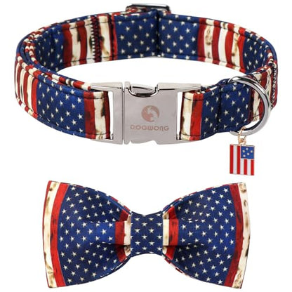 DOGWONG Ameirican Flag Dog Collar with Bow - Independence Bowtie Dog Collars, Adjustable Patriotic Pet Collars 4th of July Dog Collar for Small Medium Large Dogs - color: American Flag, size: S