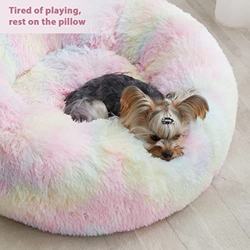 WNPETHOME Calming Dog Bed Cat Bed Donut, Faux Fur Pet Bed Self-Warming Donut Cuddler, Comfortable Round Plush Dog Beds (20 x 20 x 8 Inch, Rainbow) - color: Rainbow, size: 20"L x 20"W x 8"Th