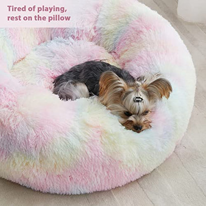 WNPETHOME Calming Dog Bed Cat Bed Donut, Faux Fur Pet Bed Self-Warming Donut Cuddler, Comfortable Round Plush Dog Beds (27 x 27 x 8 Inch, Rainbow) - color: Rainbow, size: 27"L x 27"W x 10"Th
