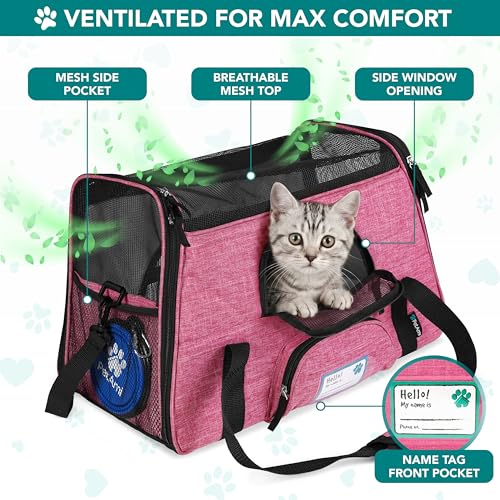 PetAmi Airline Approved Pet Carrier for Cats & Small Dogs, Soft Sided TSA Travel Carrier Bag Sherpa Bed, Breathable Mesh Ventilation, Collapsible Bowl, Fit Under Seat, Up to 18 lbs, Large Heather Pink - color: Heather Pink, size: Large - 19.5"L x 10.2"W x