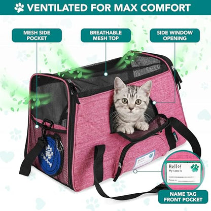 PetAmi Airline Approved Pet Carrier for Cats & Small Dogs, Soft Sided TSA Travel Carrier Bag Sherpa Bed, Breathable Mesh Ventilation, Collapsible Bowl, Fit Under Seat, Up to 18 lbs, Large Heather Pink - color: Heather Pink, size: Large - 19.5"L x 10.2"W x