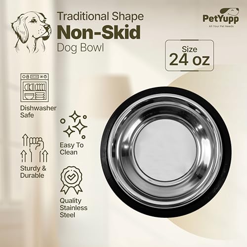 Stainless Steel Non Skid Dog Bowl – Non-Slip Rubber Base, Rust-Proof & Dishwasher Safe – Durable Food and Water Bowl for Dogs and Cats – 24oz - size: Non Skid Bowl - 24 oz