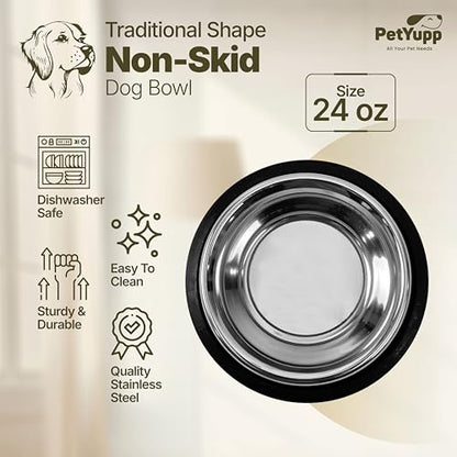 Stainless Steel Non Skid Dog Bowl – Non-Slip Rubber Base, Rust-Proof & Dishwasher Safe – Durable Food and Water Bowl for Dogs and Cats – 24oz - size: Non Skid Bowl - 24 oz