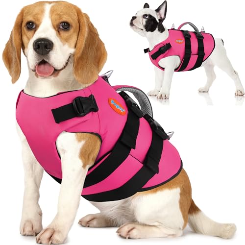 Ripstop Dog Life Vest, Neoprene Puppy Life Jacket for Small Dogs, High Flotation Dog Swimming Vest with Handle & Double D-Rings, Reflective Adjustable Pet Lifesaver for Swimming & Boating - color: Pink, size: Small