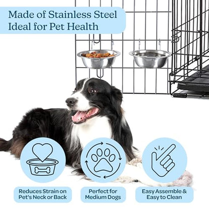 Set of 2 Stainless-Steel Dog Bowls - Cage, Kennel, and Crate Hanging Pet Bowls for Food and Water - 20oz Each and Dishwasher Safe by PETMAKER,Silver - size: 20 oz