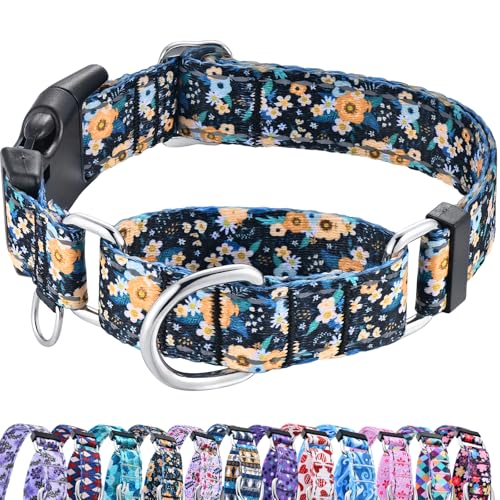 Reflective Martingale Dog Collar with Buckle Soft Nylon Floral No Slip Dog Collars for Medium Dogs (Black Orange Flowers, M) - color: Black Orange Flowers, size: Medium