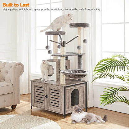 HOOBRO Cat Tree with Litter Box Enclosure, 27.6" L x 18.9" W x 52" H, All-in-One Wooden Cat Tower, Cat Furniture for Indoor Cats, Cat Condo with Hammock, Detachable Teaser Sticks, Greige BG14MZ03 - color: Greige