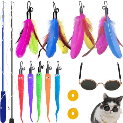 ZPH Cat Toys Interactive for Indoor Cats,2PCS Retractable Cat Wand,9PCS Teaser Toys&1PCS Eyeglasses Toy,Interactive Feather Toy for Teaser Play and Chase Exercise with Kitten - style: SET C