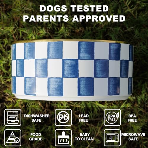 Ceramic Dog Bowls for Medium Dogs, 3.5 Cups Checkered Dog Food and Water Bowl with Acacia Wood Stand, Non-Slip Anti-Tip Elevated Feeding Station, Blue and White - color: Blue and White