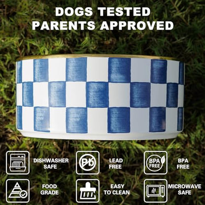 Ceramic Dog Bowls for Medium Dogs, 3.5 Cups Checkered Dog Food and Water Bowl with Acacia Wood Stand, Non-Slip Anti-Tip Elevated Feeding Station, Blue and White - color: Blue and White