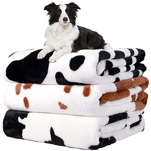 Rezutan 1 Pack 3 Blankets for Dogs, Dog Blanket for Large & Medium Pet Cat, Premium Soft Fluffy Suitable for Dog Kennels & Beds, Sofas, Gifts Puppy Essentials, 41x31inch, Black Brown White Cow Print - color: Cow Print（brown 1 Pack+black White 2 Pack ), si
