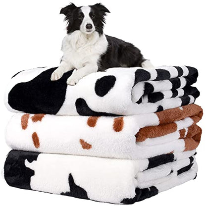 Rezutan 1 Pack 3 Blankets for Dogs, Dog Blanket for Large & Medium Pet Cat, Premium Soft Fluffy Suitable for Dog Kennels & Beds, Sofas, Gifts Puppy Essentials, 41x31inch, Black Brown White Cow Print - color: Cow Print（brown 1 Pack+black White 2 Pack ), si