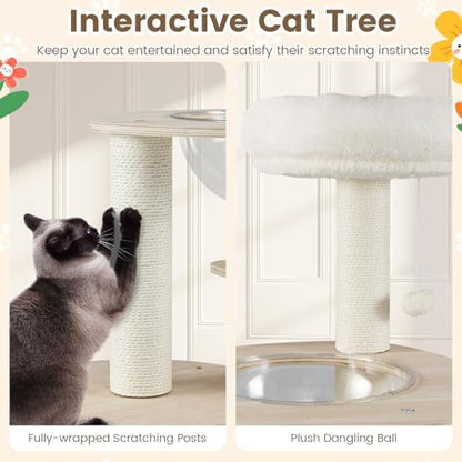 PETSITE 52 Inches Wooden Cat Tree, Multi-Level Modern Cat Tower with Scratching Posts, Space Capsule, Condo, Interactive Hanging Ball, and Top Perch with Removable and Washable Cushions