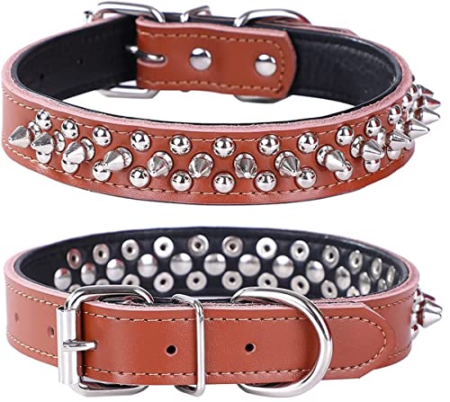 Spiked Studded Dog Collar, Soft Genuine Leather Dog Collar, Adjustable Dog Collars for Small Medium Large Dogs Breeds Pit Bull (S fit Neck 10.5-13", Brown2) - color: Brown2, size: S fit Neck 10.5-13"